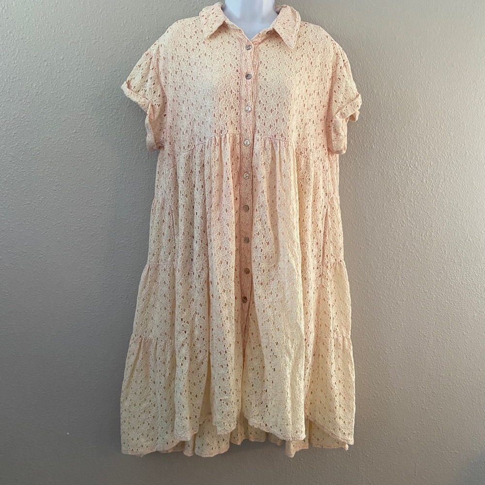 Oli & Hali Washed Eyelet Long and Back Tier Dress Small Blush Pink Cottagecore